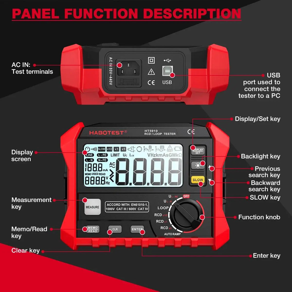 HABOTEST HT5910 Leakage Switch Tester LCD Digital Resistance Meter RCD/Loop Tester 1000 Data Storage Voltmeter Megohmmeter