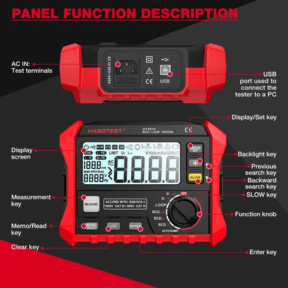 HABOTEST HT5910 Leakage Switch Tester LCD Digital Resistance Meter RCD/Loop Tester 1000 Data Storage Voltmeter Megohmmeter