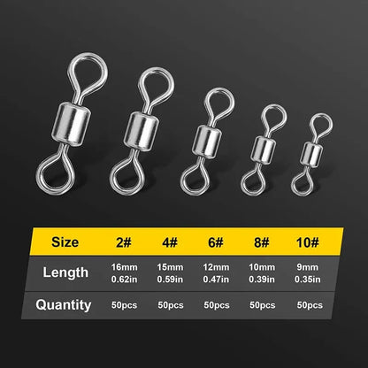 250pcs/Set Fishing Connector 2 4 6 8 10 Fishing Barrel Bearing Rolling Swivel Solid Ring Lures Fishing Accessories
