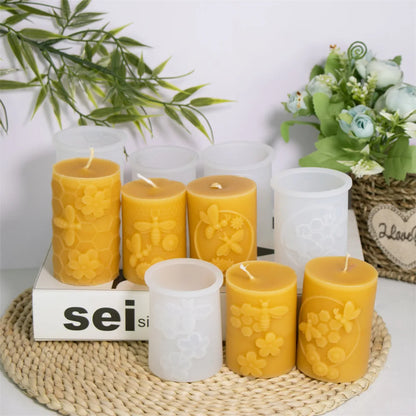 3D Honeycomb Pillar Candle Silicone Mold DIY Embossed Bee and Flower Honeycomb Cylinder Aromatherapy Candle Plaster Mold Decor