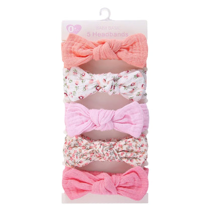 5Pcs/Set Solid Muslin Cotton Linen Baby Headband Elastic Rabbit Ear Hair Band Infant Girl Turban Headwraps Stretch Accessories
