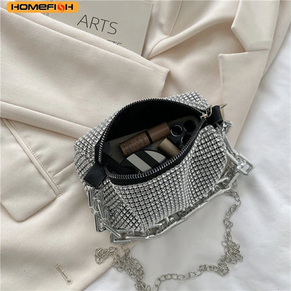 HOMEFISH Allover RhiHOMEFISH nestone Bucket Bag, Glitter Chain Prom Purse, Women's Mini Crossbody Bag