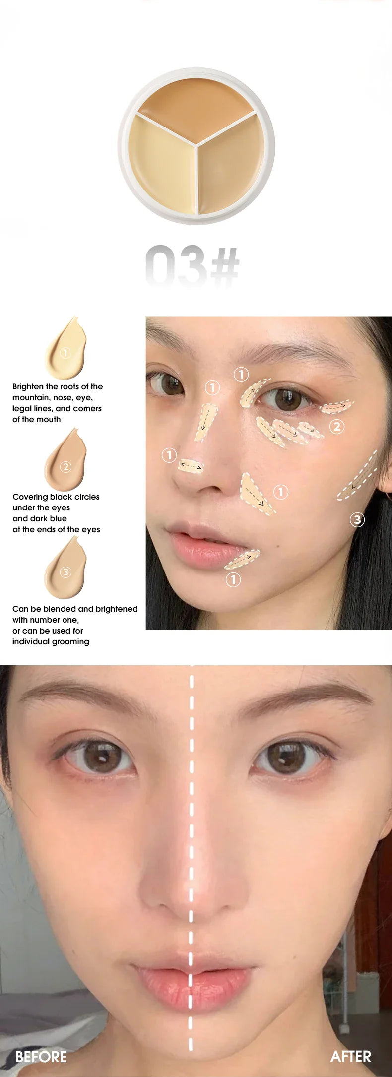 XIXI Pure Holding Makeup Three Color Concealer Spot Acne Print Repair Foundation Dark circles are not easy to stick powder