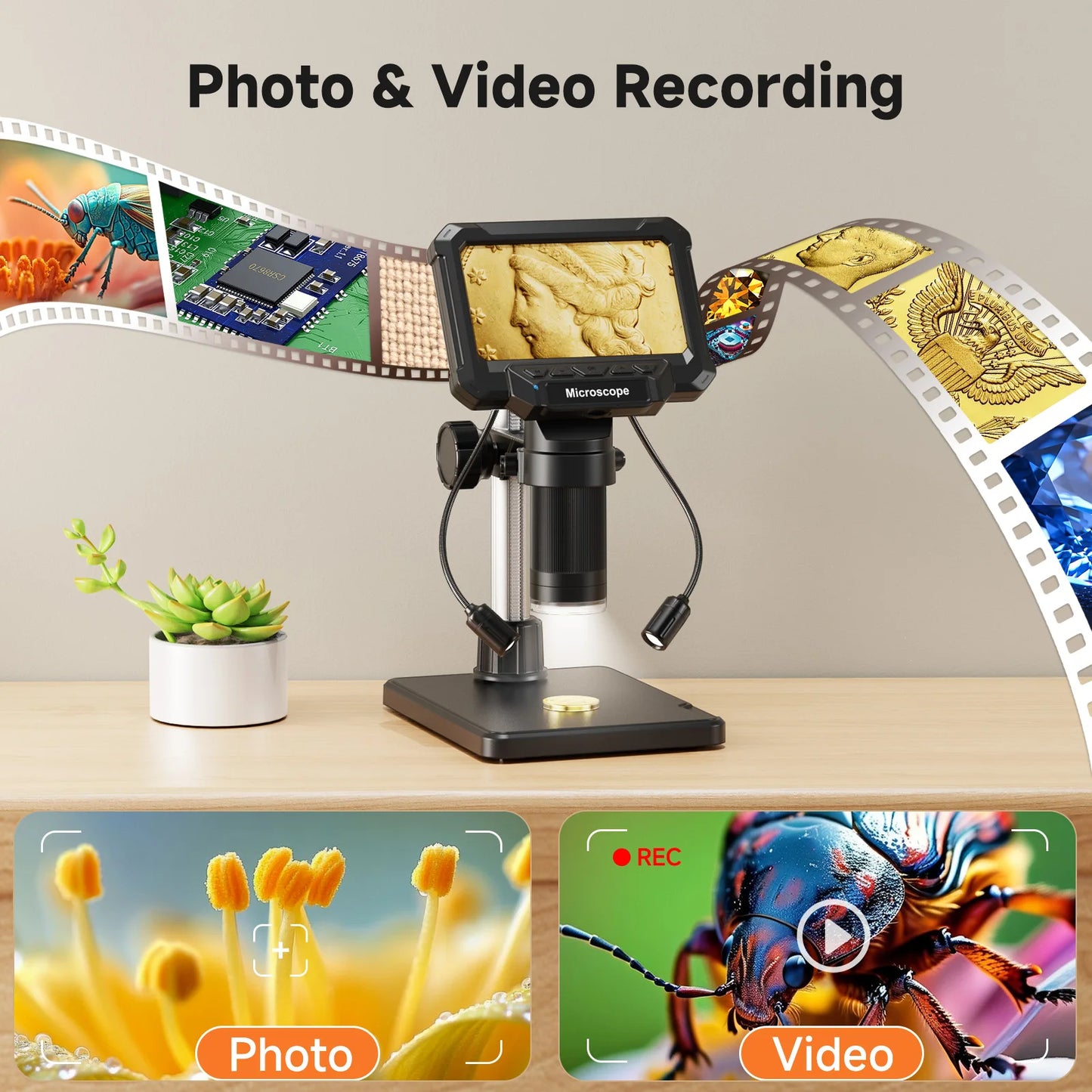 Digital Microscope with 4.3inch IPS Screen 1600X Coin Mirroscope with Lights 1920P HD Video Microscope for PCB, Coins, Plants