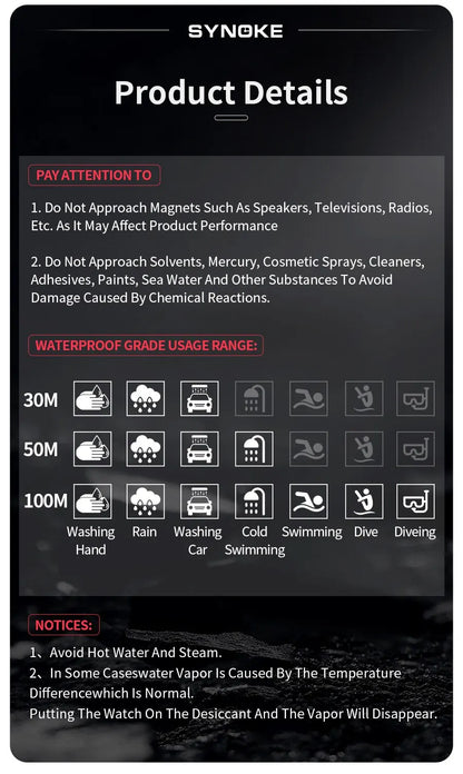 SYNOKE New For Men Sports Electronic Watch Waterproof Night Glow Large Screen Square Outdoor Running Camping Student Watch