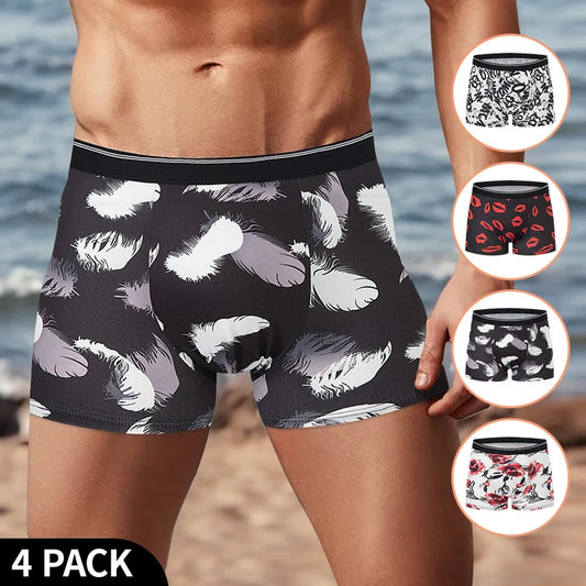 4 Pieces European and American Size MEN'S FASHION Printed Boxer Underwear Comfortable Swimming Trunks Oversized Underwear Shorts