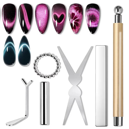 6Pcs Nail Magnet Tool Set Cat Eye French Tips Cat Eye Heart Magnets Nail Magnet Stick Cat Eye Gel Polish Magnets Tools Manicure