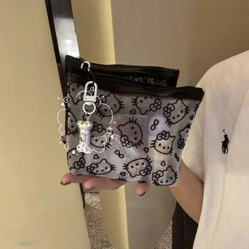Transparent Mesh Hello Kitty Coin Purse Cartoon Style Fashionable, Simple Portable Makeup Bag Headphone Storage Bag Holiday Gift