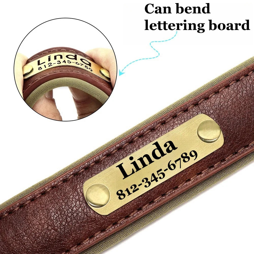 Customizable Leather Dog Collars Personalized Engraved Nameplate, Soft Padded Collar with Custom ID Tag, Adjustable for All Pet