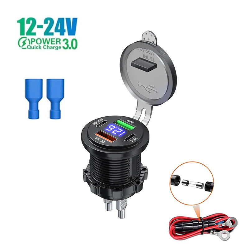 83W Motorcycle Car Charger Socket PD30W Fast Charging 22.5W Dual USB Type C Outlet Phone Power Adapter with Voltmeter Waterproof