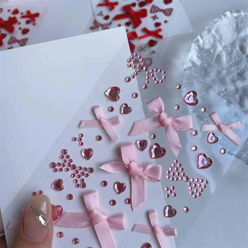 DIY Decor Kpop Photocard Sticker 3D Stereo Bow Heart Style Scrapbook Journal Stuicker Cute Pink Red Color Phone Shell Sticker