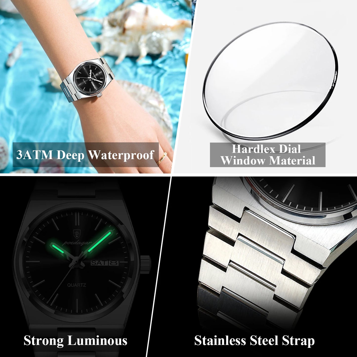 POEDAGAR Elegant Woman's Watch Date Week Waterproof Luminous Ladies Clock Quartz Stainless Steel Fashion Watches For Women Reloj