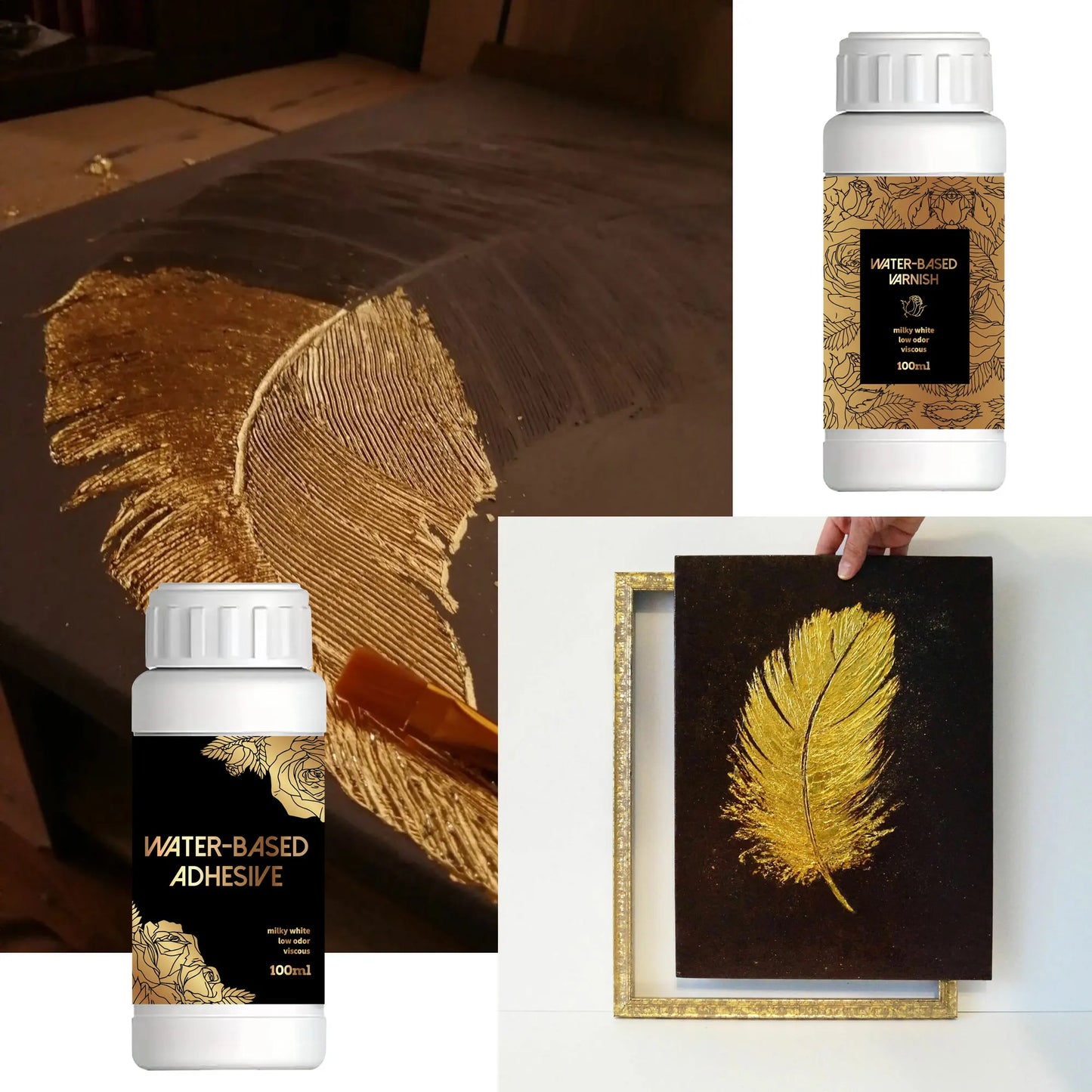 100ML/200ML Golden Foil Adhesive Kit - Water-Based Metallic Glue with Brush for Crafts, Painting & Art Projects