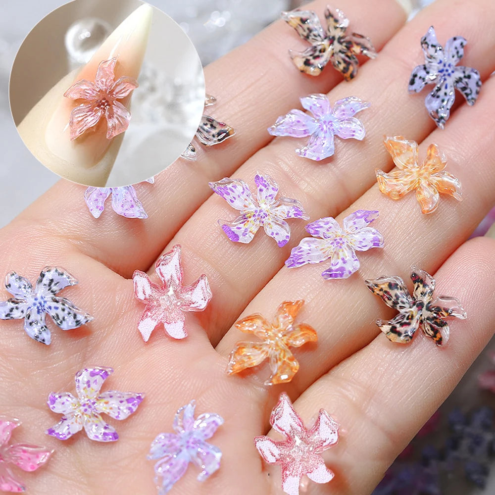 100/60/40/20pcs Mixed Crystal Lily Flower Nail Charms 3D Ice Translucent Soft Sculpture Lily Petals Floral Nail Rhinestone Decor