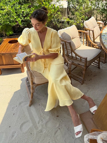 Bornladies 2025 Summer Women's 100% Cotton V-Neck Lace-Up Bubble Sleeve Shirt  Long Skirt Set Loose Casual Two-Piece Suit