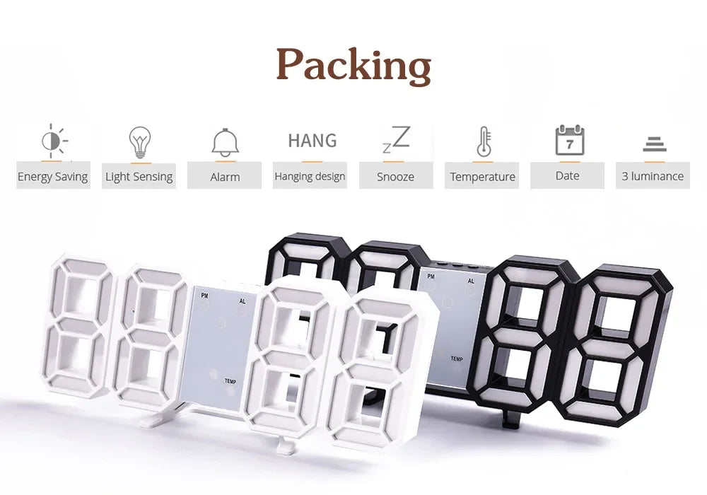 Table 3D LED Digital Alarm Clock Wall Clock Time/Date/Temperature for Home Kitchen Offices Clock Decoration Garden Clocks