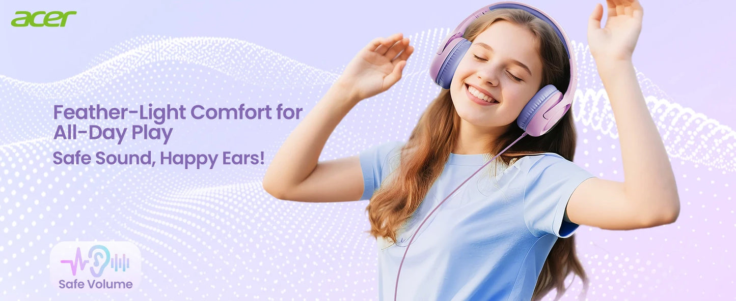 Acer HK03 Kids Wired Headphones for School 85/94dB Volume Limiter 3.5mm Jack Foldable Stereo Sound Headset for Girls Boy Gifts