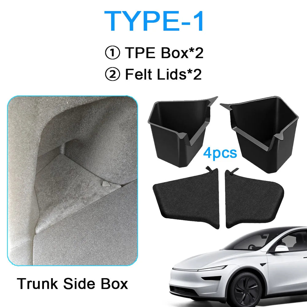 For Tesla Model Y Juniper 2025 Rear Trunk Side Storage Box Cargo Organizer TPE Bin Box Flocking Mat Partition Board Accessories