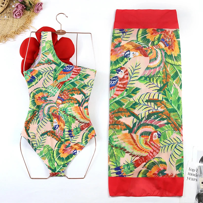 Blue One-Shoulder Ruffled Print Floral Swimsuit Set Cover Up Single Piece Micro Monokini Sexy Swimwear For Girls Summer Beach