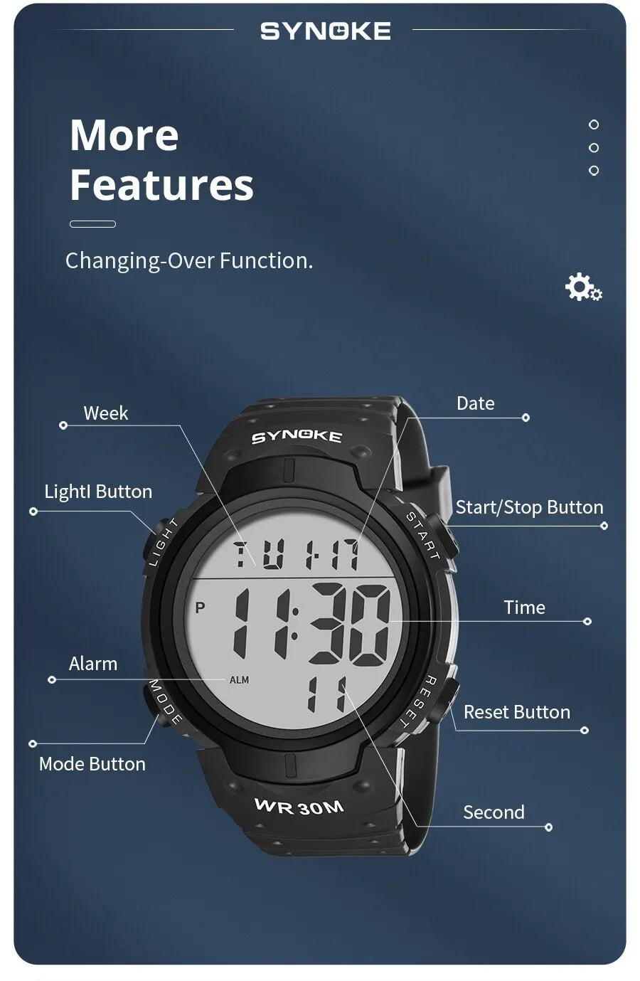 SYNOKE Outdoor Sport Watch 30M Waterproof Digital Men Fashion MultiFunction Waterproof Digital Watch Men