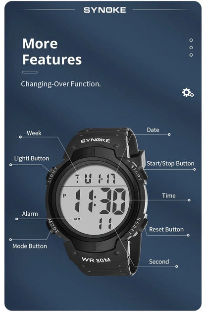 SYNOKE Outdoor Sport Watch 30M Waterproof Digital Men Fashion MultiFunction Waterproof Digital Watch Men