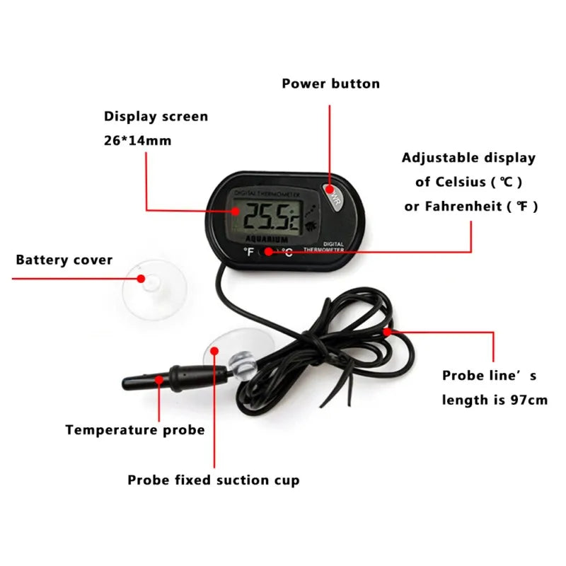 Digital Aquarium Thermometer with Probe Suction Cup Fish Tank Water Electronic Thermometer Measurement Degrees Celsius ℃