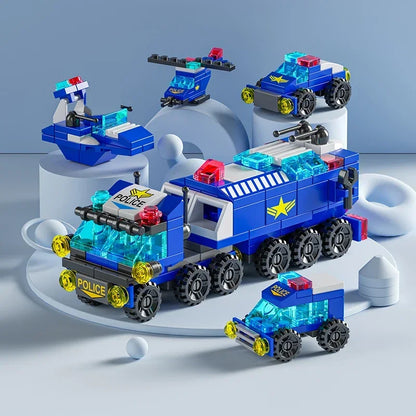 City Fire Car Building Blocks for Children, Police Truck, Engineering Crane, Tank, Helicopter Bricks Set Toys for Kids, 6in 1