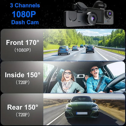 3 Channel Car Camera，Triple Lens WiFi Dashcam, 1080P HD Video Recorder, Night Vision, Car DVR with Wide Angle for Front and Rea
