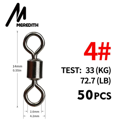 MEREDITH 50PCS/Lot Fishing Swivel Sizes Solid Connector Ball Bearing Snap Fishing Swivels Rolling Stainless Steel Beads