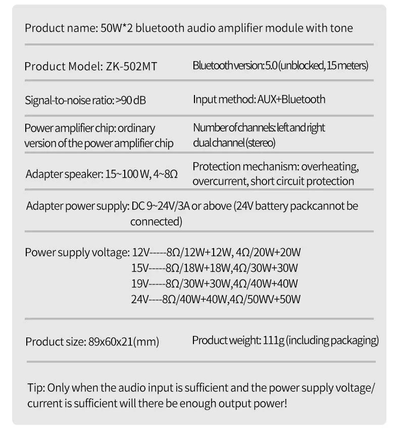 ZK-502MT 2.0 Stereo Bluetooth Audio Digital HIFI Amplifier Board Module 50W * 2 High and Low Bass Tunes