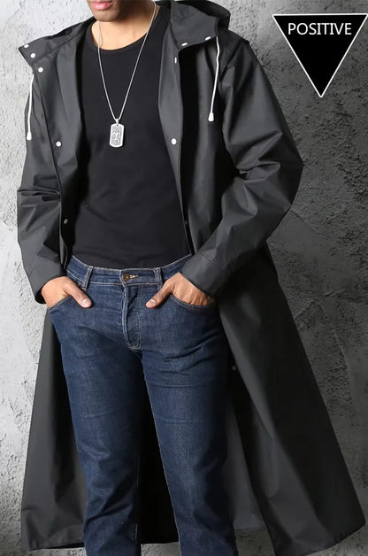 Fashion black adult windbreaker style waterproof long raincoat women's men's hooded outdoor motorcycle, bicycle, hiking, fishing