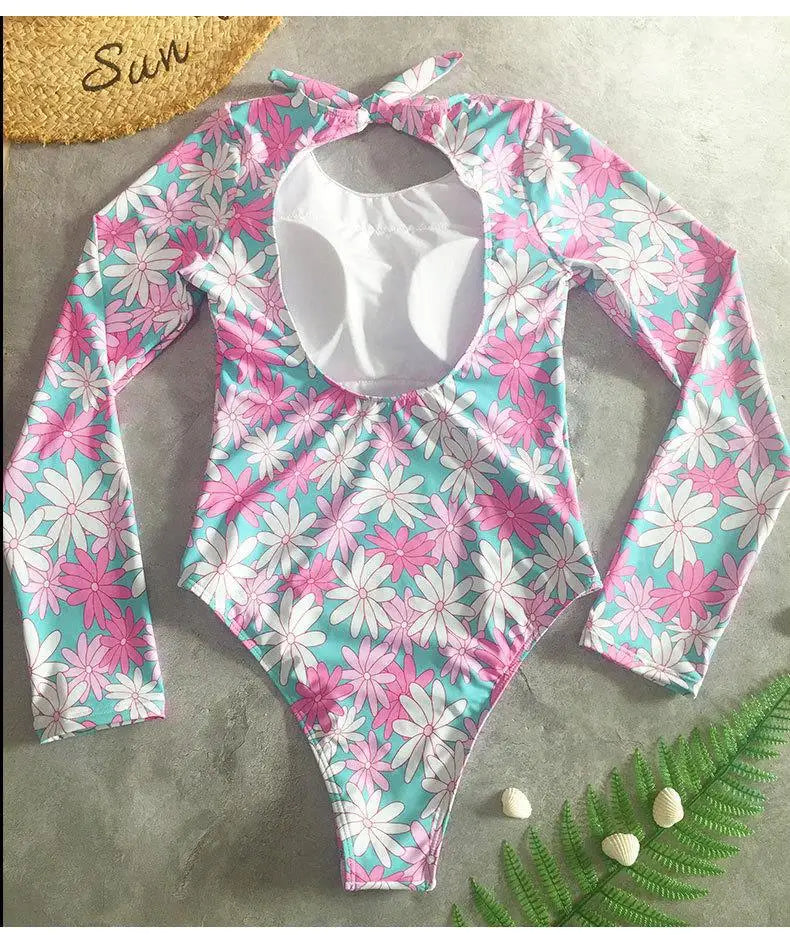 2025 New Swimwear Women Print Floral One Piece Swimsuit Long Sleeve Bathing Suit Swimsuit Vintage Beachwear Surfing Swim Suit