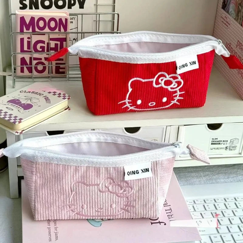 Cute Hello Kitty Corduroy Large Capacity Stationery Storage Bag Portable Handbag Cartoon Pen Bag with High Appearance Value