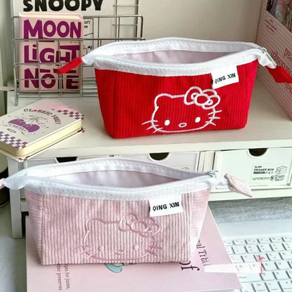 Cute Hello Kitty Corduroy Large Capacity Stationery Storage Bag Portable Handbag Cartoon Pen Bag with High Appearance Value