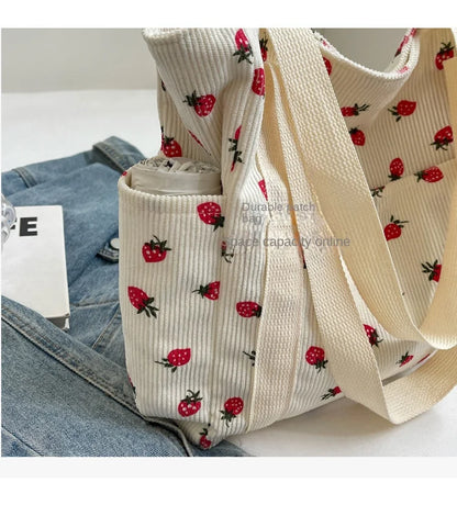 Fashion Corduroy Shoulder Bag for Women, Cute Printed Handbag, Casual Commuter & Shopping Purse, Trendy Underarm Bag