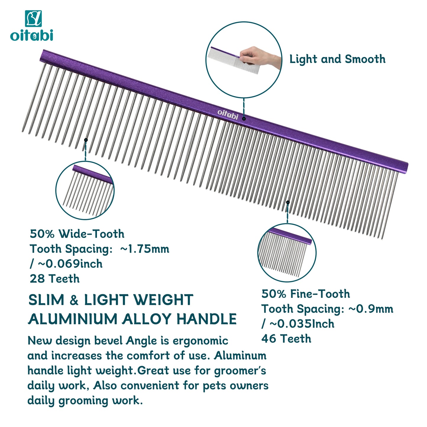 Oitabi Professional Pet Grooming Comb for Removing Matted Fur, Prevents Knots and Mats, Long Teeth Long & Short Haired Pet Comb
