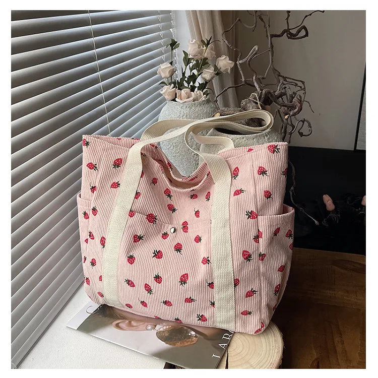Fashion Corduroy Shoulder Bag for Women, Cute Printed Handbag, Casual Commuter & Shopping Purse, Trendy Underarm Bag
