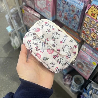 New Cute Sanrio Soft Cotton Embroidered Bow Zipper Women's Makeup Bag Cat Card Bag, Earphone Bag, Key Bag, CCD Storage Bag