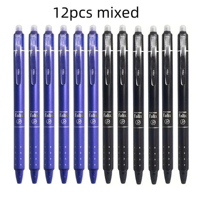 12pcs Press Type Erasable Gel Pens 0.5mm Black/Blue Ink Bullet Washable Handle Magic Refills Rod Super Capacity Ink Writing
