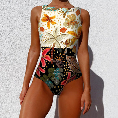2026 New Printed One-piece Swimsuit Classic Printed Lace Up Swimsuit Women's Push Up Flower One-piece Suit Beach Wear For Female