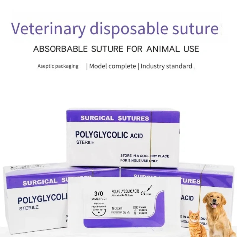 Veterinary absorbable suture, polyglycolic suture 3-0  (0/2-0/3-0/4-0 medical suture) (12 pcs/90cm round suture/reverse suture)