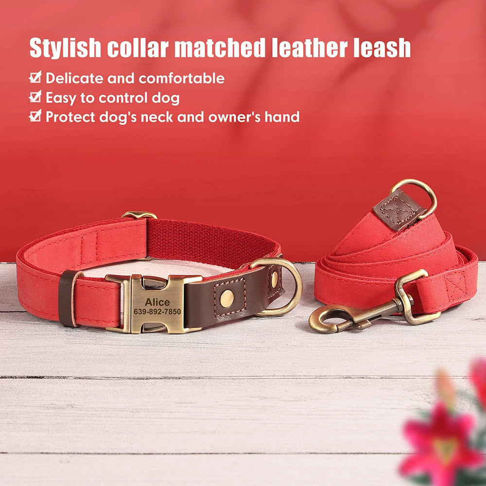 Personalized Dog Collar Leash PU Leather Dog Collars With Walking Lead Rope Free Custom Pet ID Necklace for Small Large Dogs Pug
