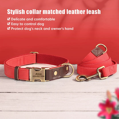 Personalized Dog Collar Leash PU Leather Dog Collars With Walking Lead Rope Free Custom Pet ID Necklace for Small Large Dogs Pug