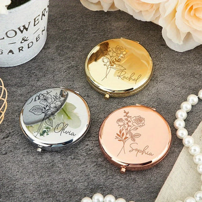 Engraved Compact Mirror with Birth Flower Design Elegant Portable Pocket Mirror for Her Custom Name Personalized Birthday Gift