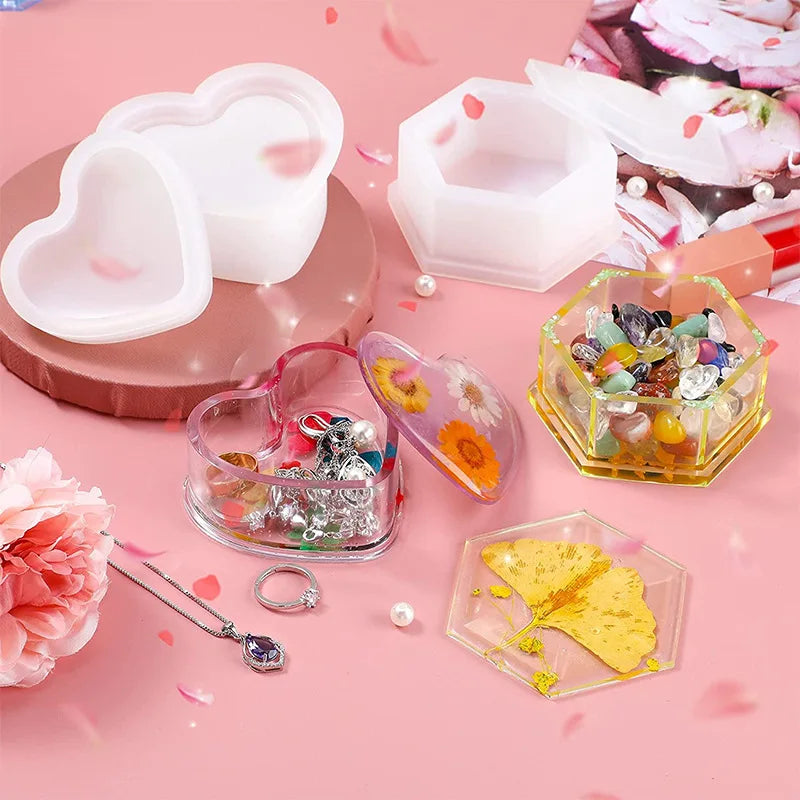 DIY Silicone Jewelry Box Mold Heart Hexagon Flower Storage Boxs Molds with Lid Epoxy Resin Mould Casting Crafting Macking Tool