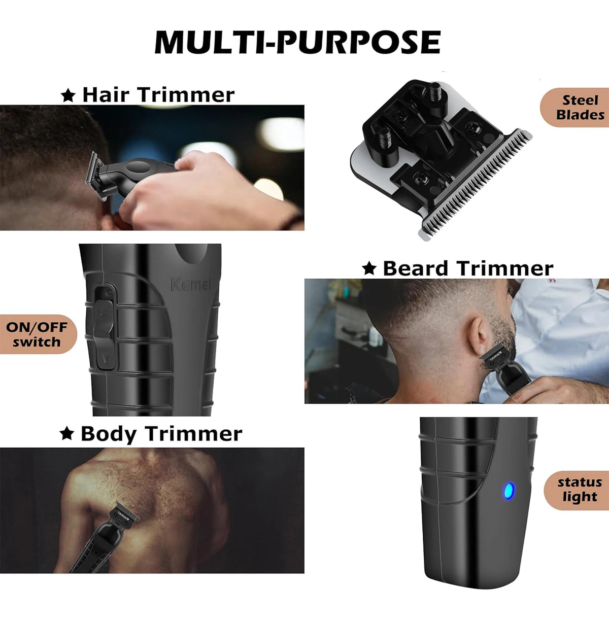 Kemei 2299 Professional Men's Hair/Beard Trimmer with Zero Gap Hair Clipper and T-Shaped Blade, Cordless Charging