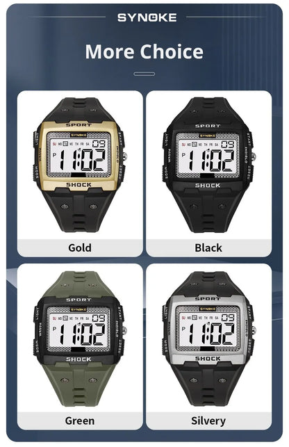 SYNOKE New For Men Sports Electronic Watch Waterproof Night Glow Large Screen Square Outdoor Running Camping Student Watch