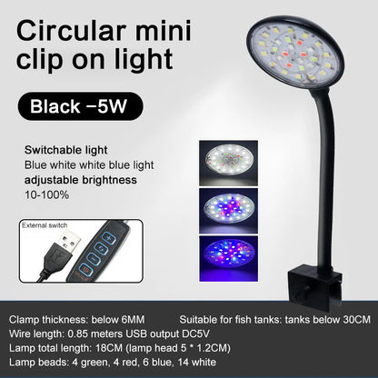 USB Aquarium LED Lamp Fish Tank Light Decor Aquatic Plant Multiple Modes Dimmable Lightness Full Spectrum Mini Clip Light 5V