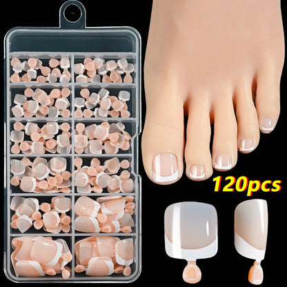 120Pcs 9-Colors French Fake Toenails Summer Short Sqaure Press On Toe Nails Tips Glossy Nude/Pink/Brown Full Cover False Toenail