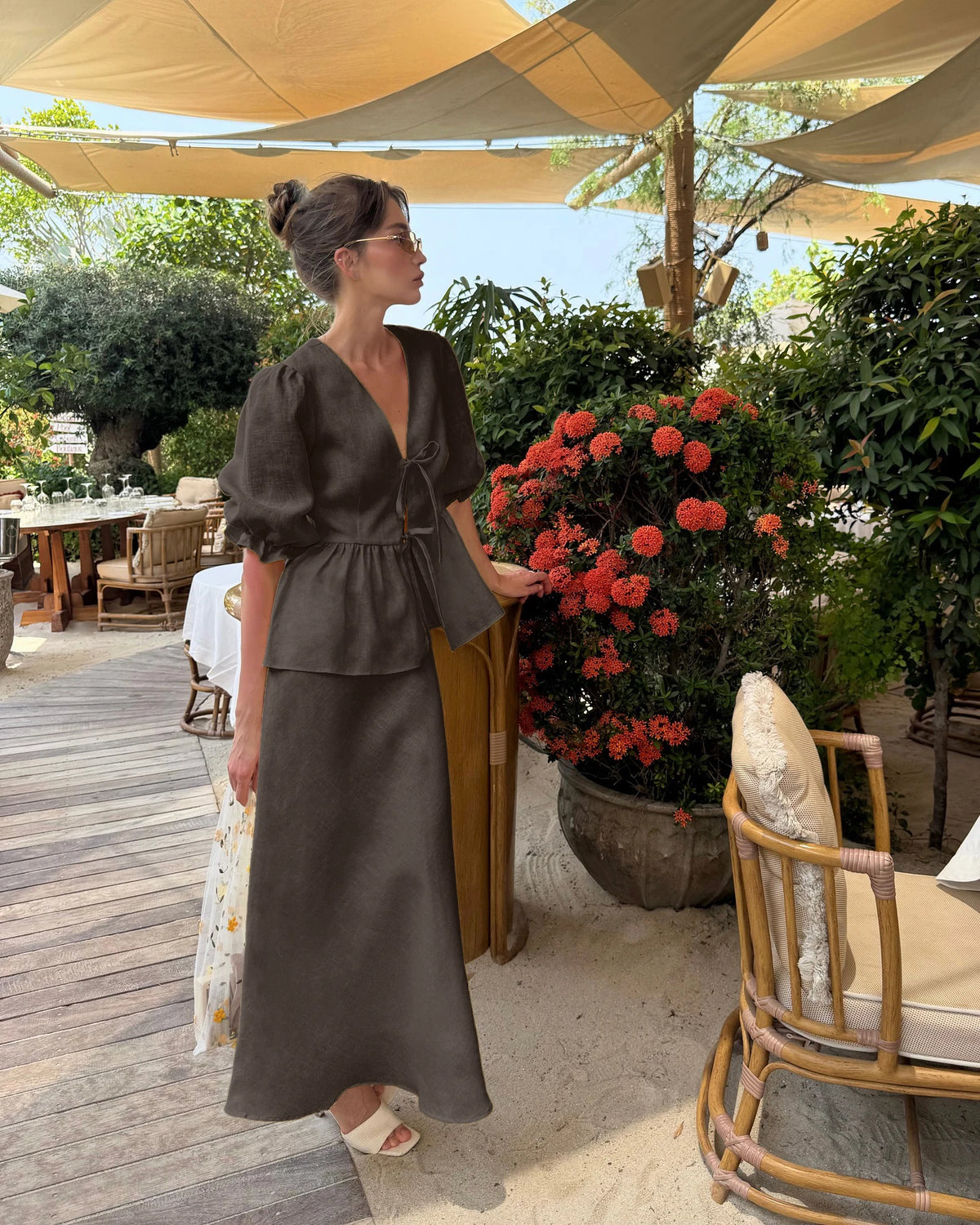 Bornladies 2025 Summer Women's 100% Cotton V-Neck Lace-Up Bubble Sleeve Shirt  Long Skirt Set Loose Casual Two-Piece Suit